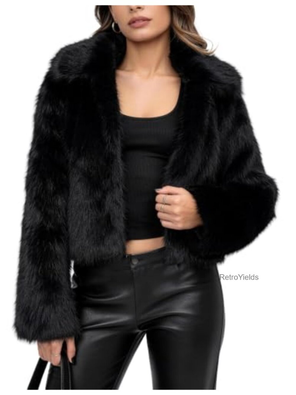 Faux Fur Cropped Jacket Fluffy Lapel Collar Snap Button Winter Coat